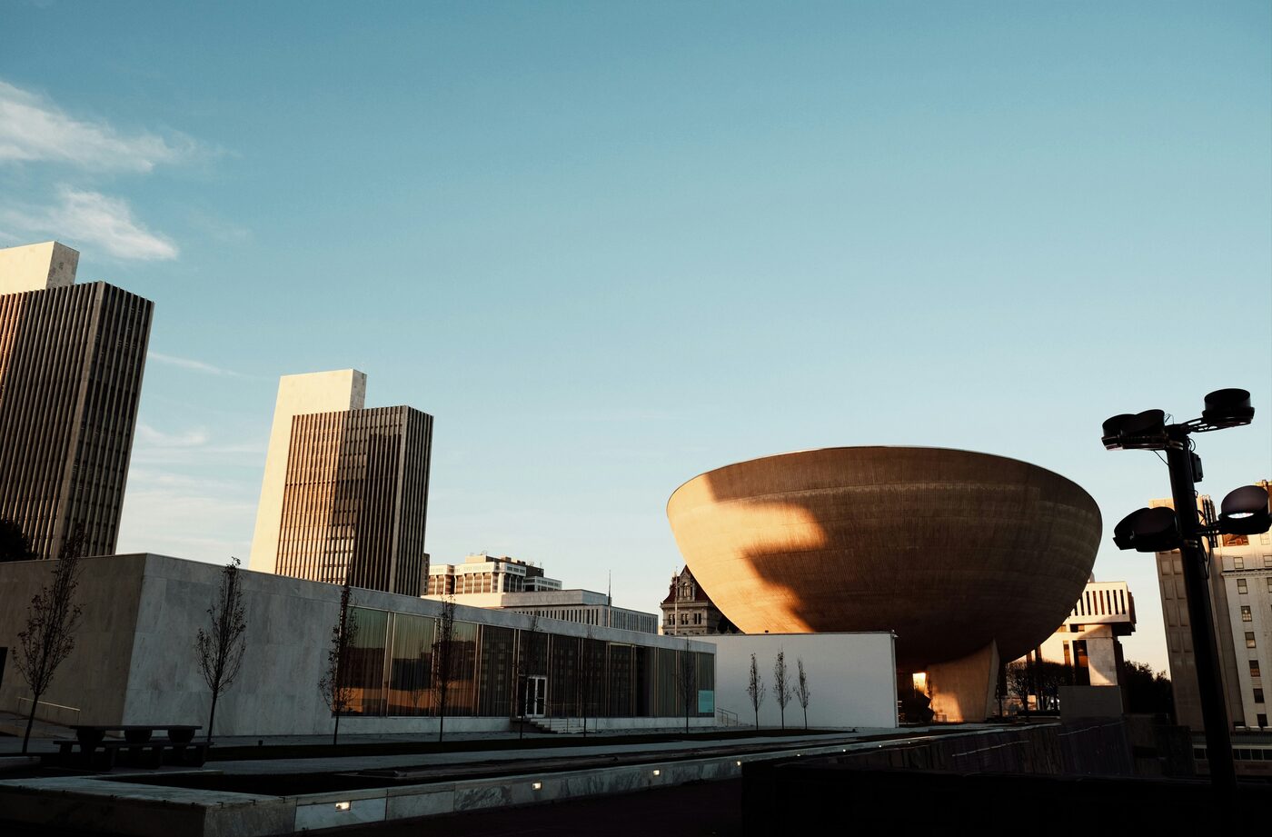 Empire State Plaza and The Egg in warm evening light.